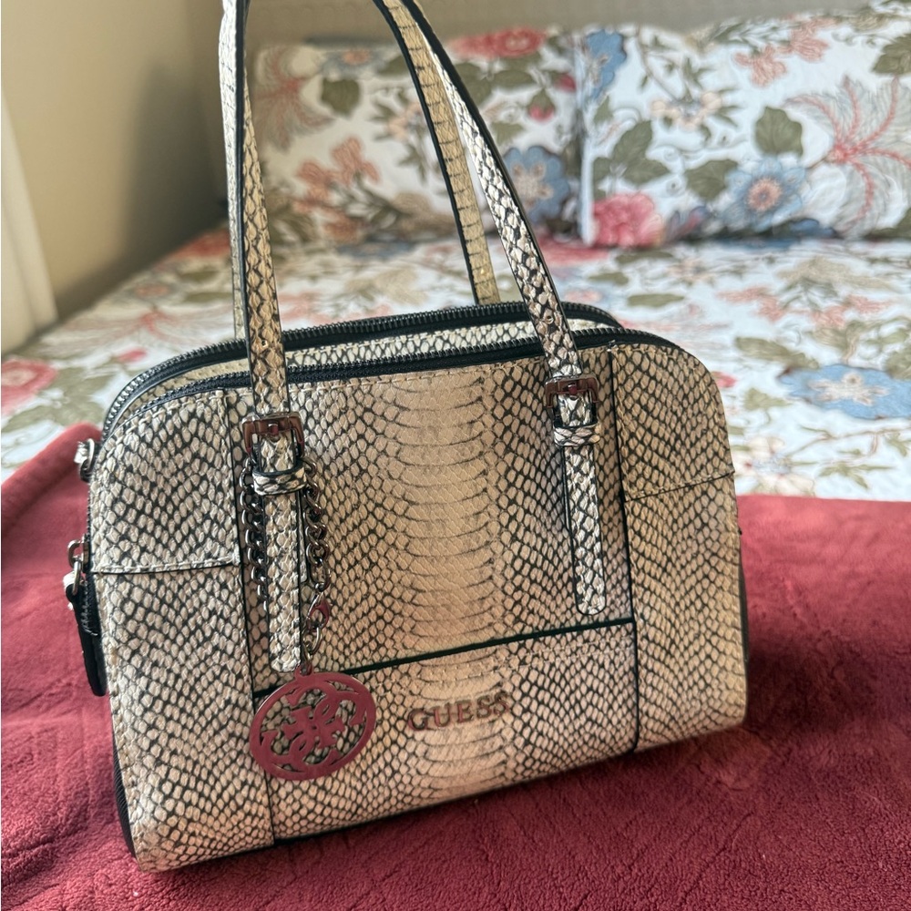 GUESS Snake Print Satchel - Black and Cream